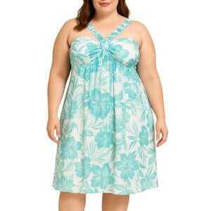Specklers Womens Tropical Floral Sundress White Teal Cross-Strap Size Large Summ